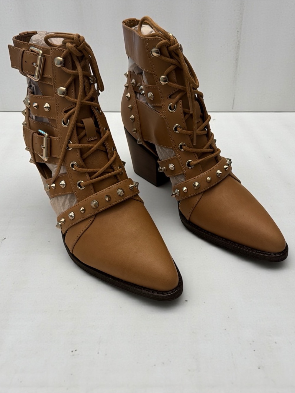 Sam Edelman Cognac Lace-Up Studded Ankle Boots